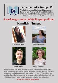 Es lesen die Autoren Alexandra Huth, Sophie Kamann, Petrick Schild und Meike Wanner ihre zum Wettbewerb eingereichten Gedichte.